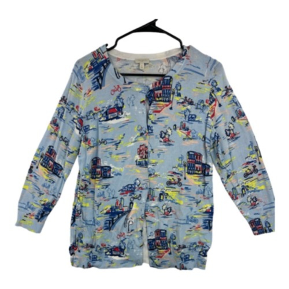 Talbots‎ Woman Cardigan Sweater X Blue Cityscape Print Button Front Long Sleeve
